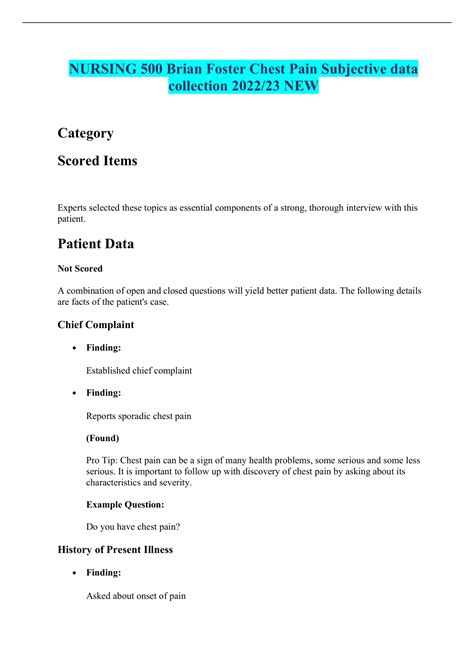 NURSING 500 Brian Foster Chest Pain Subjective data collection 2022/23 ...
