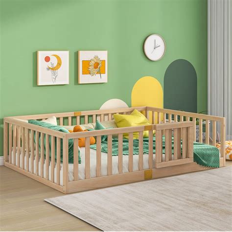 Tatub Full Montessori Floor Bed with High Rails, Solid Wood Montessori ...
