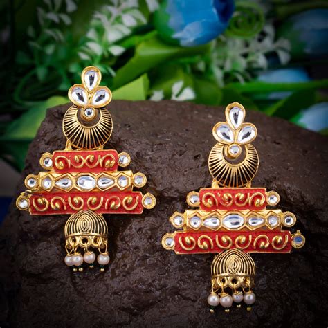 Sukkhi Shimmering Red Mint Kundan Gold Plated Pearl Drop Earring for W
