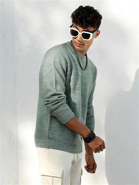 ₹999 | Campus Sutra Men's Sage Green Textured Knit Pullover Sweater ...