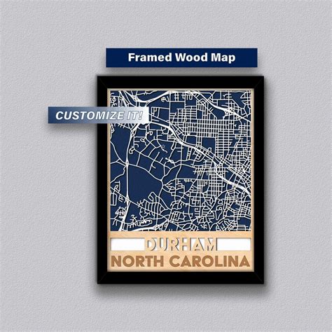 Durham North Carolina Map Custom Devil Blue Wood Map Framed Durham ...