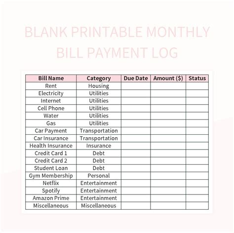 Free Printable Monthly Bills Templates For Google Sheets And Microsoft ...
