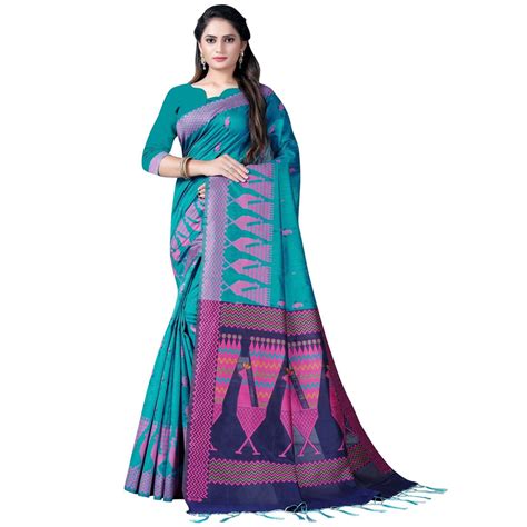 Stunning Rama Blue Colored Festive Wear Printed Cotton Saree