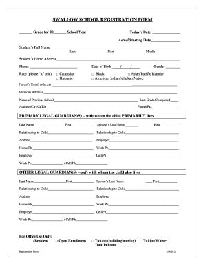 Fillable Online swallowschool Registration Form 192012 SWALLOW SCHOOL ...