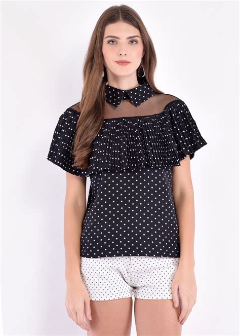 Get Pleated Overlap Neck Detail Navy Polka Dots Top at ₹ 499 | LBB Shop