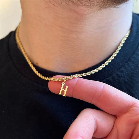 18K Gold Initial Necklace, Mens Rope Chain Necklace With Initial, Mens ...
