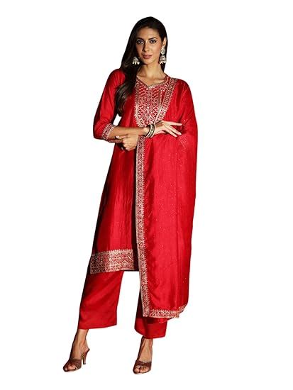 Buy Naixa Women's Red Vichitra Silk Embroidered Straight Kurta with ...