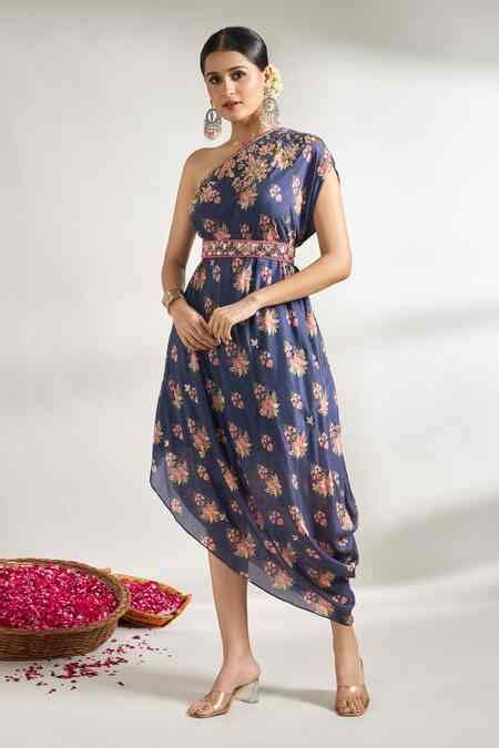 Buy Blue Cotton, Silk Cut Work, Sequins, Zari, One Shoulder Printed ...