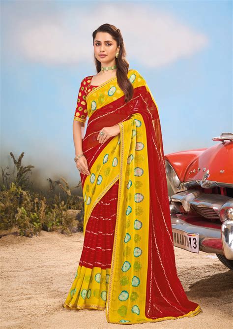 Laxmipati Baarish BandhaniPrinted Georgette Saree in Red Color with Un