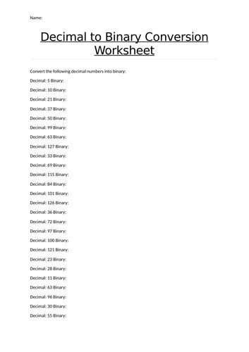 Image result for Convert Decimal to Binary Worksheet