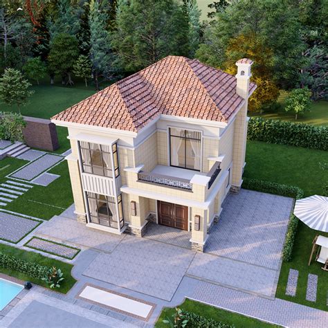 二层中式别墅效果图实用简单,占地182平方14×13米带院子露台花园农村四合院房屋设计图 - 酷建房