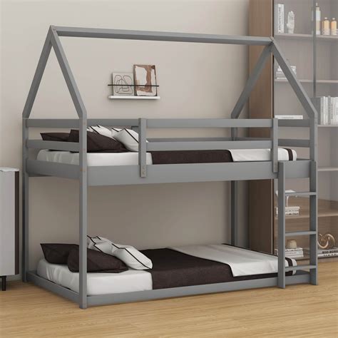 Harper Orchard Twin Over Twin Solid Wood House Bunk Bed, Floor Low Bunk ...