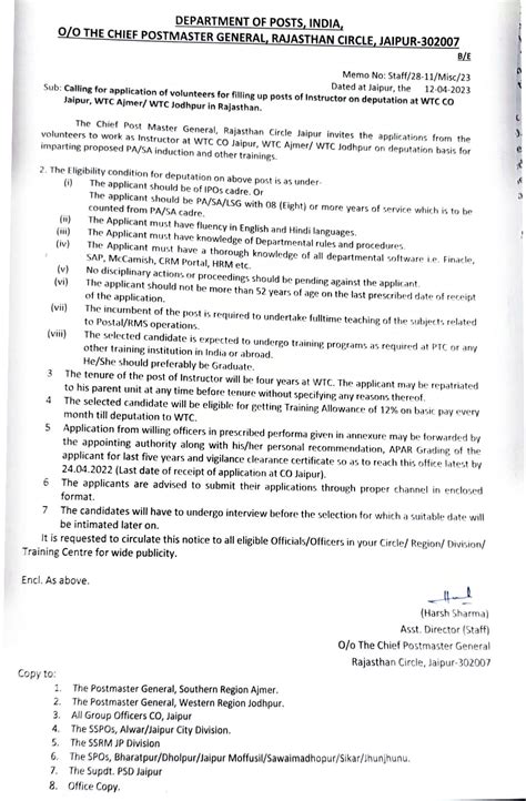 Willingness for Instructor at WTC CO Jaipur, WTC Ajmer & WTC Jodhpur