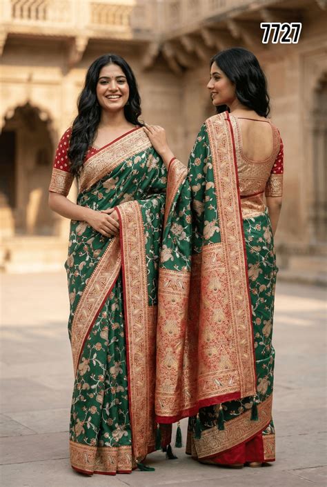 Emerald Green Banarasi Silk Saree with Antique Gold Zari Weaving ...