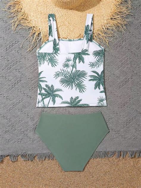 Tween Girls Printed Halterneck Tankini Top And Bottom Set | SHEIN USA