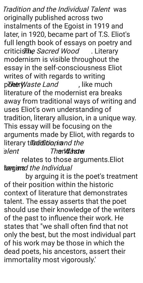 Eliot 2 - Analysis of essay - Tradition and the Individual Talent was ...