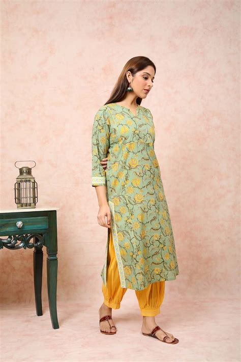 Green & yellow Adab Printed Straight Kurta – Uniquestuff