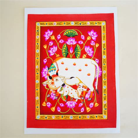 Pichwai Cow & Calf Red Background Lotus Motifs 37x28.5cm – Culturati