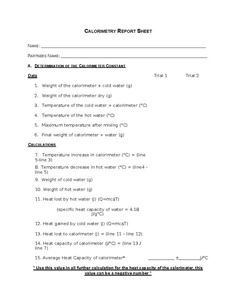 4. Fillable Calorimetry Report Sheet W2024 - NAME: PARTNERS NAME: A ...