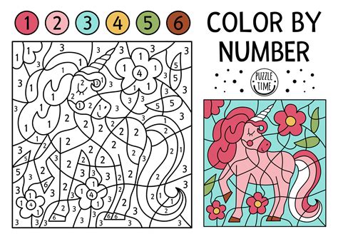 Vector Magic kingdom color by number activity with pink unicorn and ...