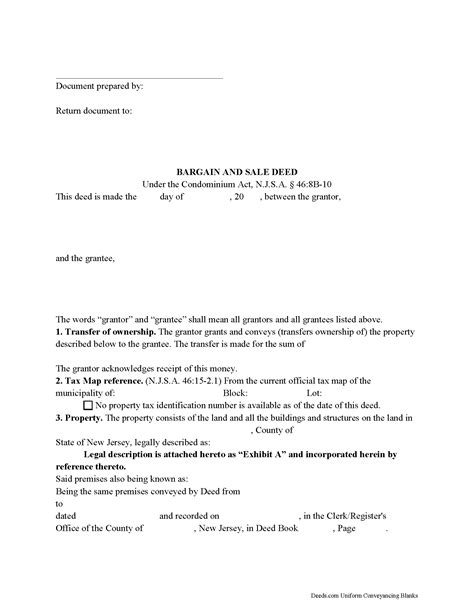 Bergen County Bargain and Sale Deed Condominium Form | New Jersey ...