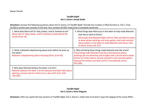 Twelfth Night Act II Scene 5` - Name: Period: Twelfth Night Act II ...