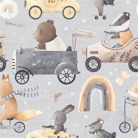 Kids Room Wallpaper, A pattern of animals on a grey background ...