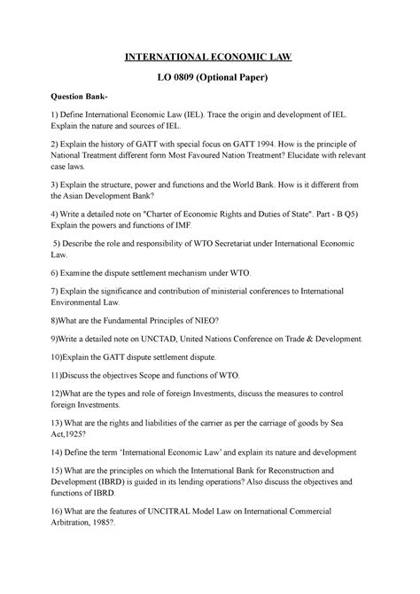 IEL - Question Bank - INTERNATIONAL ECONOMIC LAW LO 0809 (Optional ...