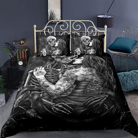 Gothic-Style Bedding Set Grayscale Tattooed Woman & Skeleton Design ...
