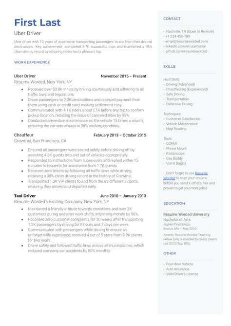 Uber Driver Resume Examples for 2025 | Resume Worded