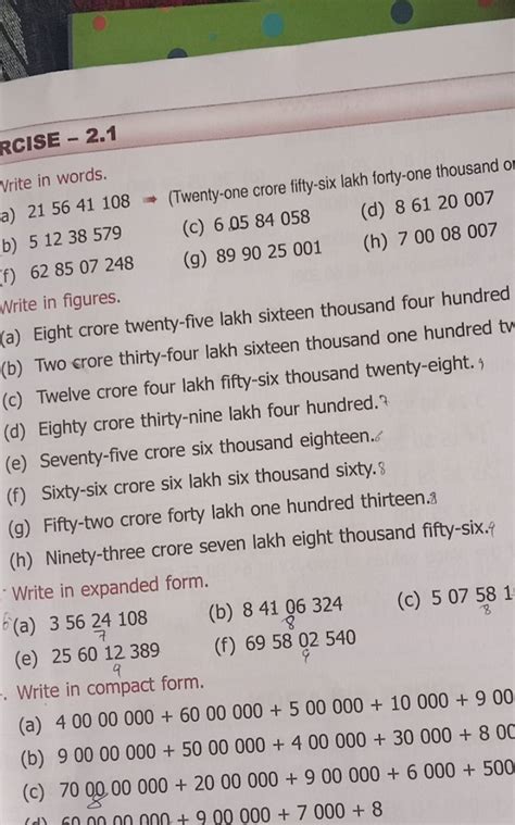 RCISE - 2.1 a) 215641108⇒ (Twenty-one crore fifty-six lakh forty-one thou..