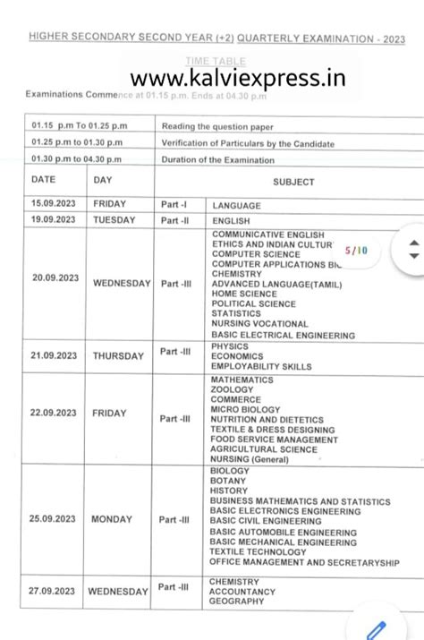 Quarterly Exam Time Table 2023 -TamilNadu