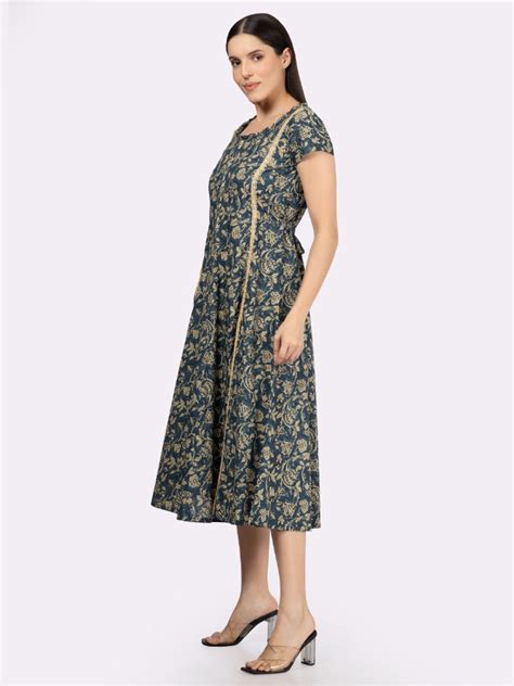 Blue Ethnic Floral Print Dress with Crochet Lace Inserts and Waist Tie ...