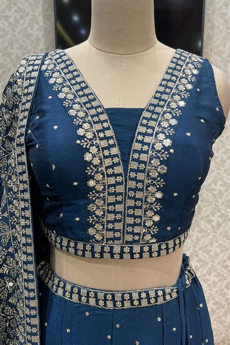 Peacock Blue Zari and Sequins work Crop Top Lehenga – Seasons Chennai