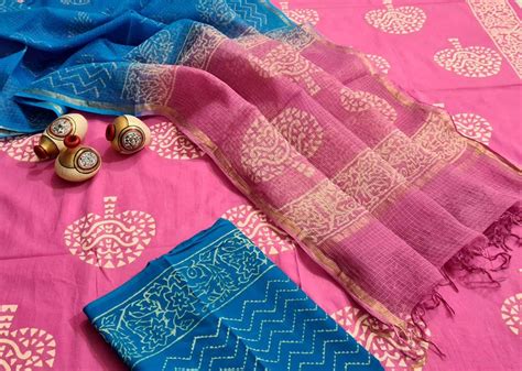 Pink and Blue Handblock Unstitched Printed Cotton Suit – Fashionous