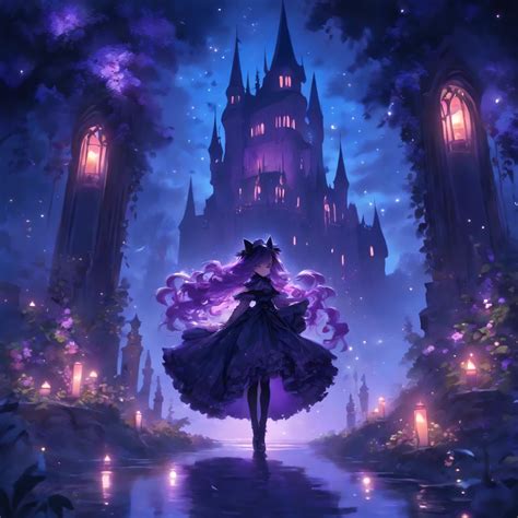 A woman in a dress standing in front of a castle at night - SeaArt AI