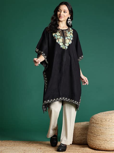 Floral Embroidered Flared Sleeves Thread Work Jacquard Kaftan Kurta ...