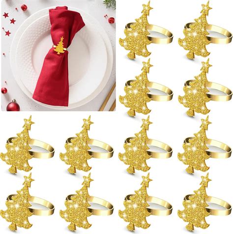 Amazon.com: Gold Christmas Napkin Rings Set of 12 - Xmas Tree Napkin ...