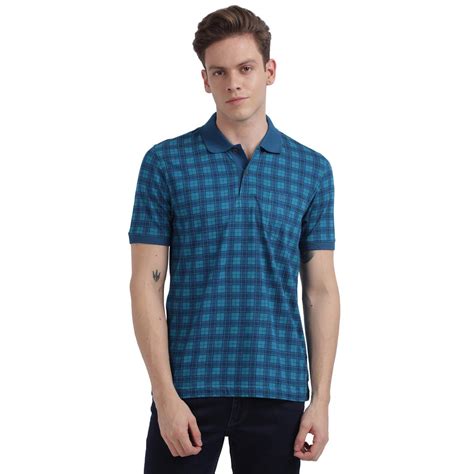 Men Blue Tailored Fit Print Cotton Half Sleeve Round Neck Collar Polo ...