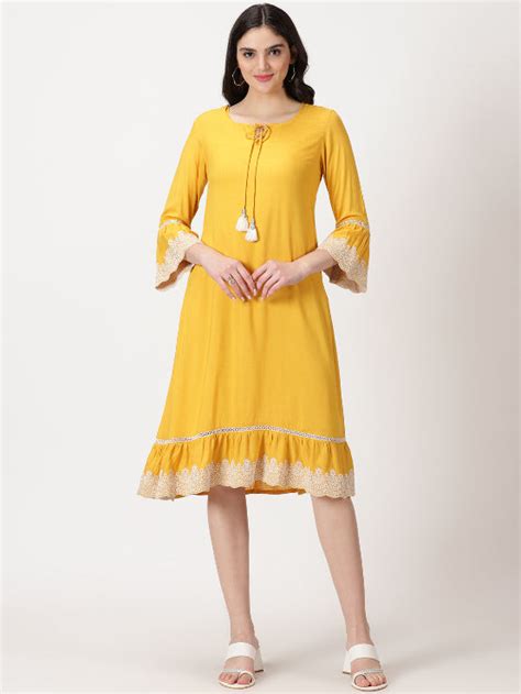 Yellow Solid Midi Dress with Lace Embroidered Details – Saffron Threads