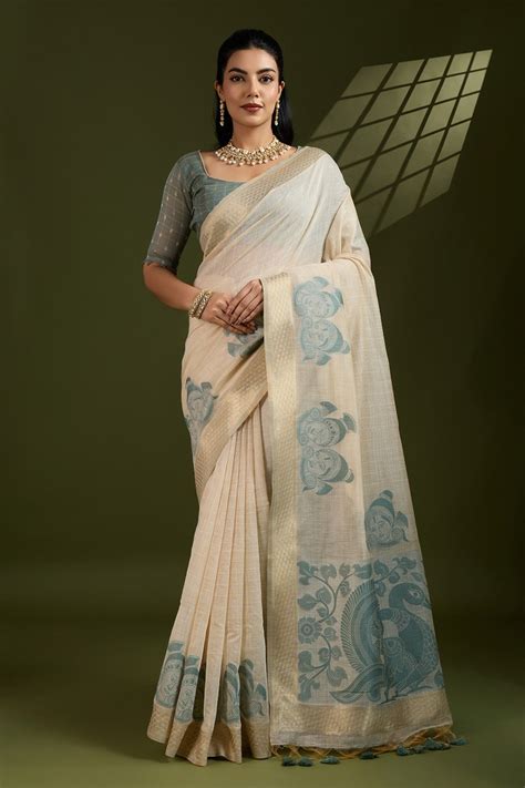 Buy Sugar White Muga Cotton Saree Online - MySilkLove