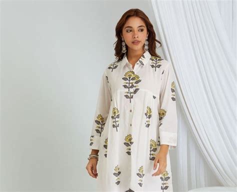 White Grey Hand Block Printed Cotton Kurta