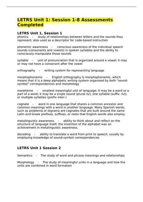 LETRS Unit 1: Session 1-8 Assessments Completed 2022 - LETRS Unit 1 ...
