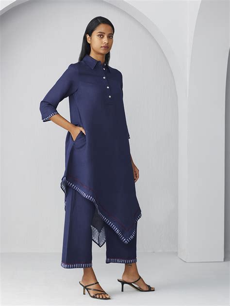 Buy Shirt Collar Asymmetric Linen Kurta | Ladies Kurta Online : Ancestry