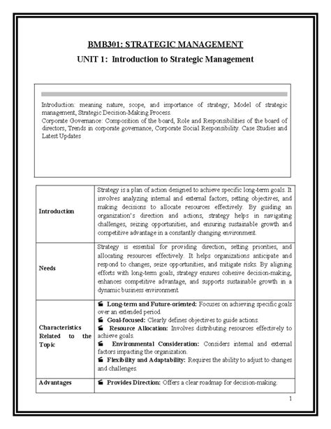 BMB301: Strategic Management Unit 1 - Introduction & Key Concepts - Studocu