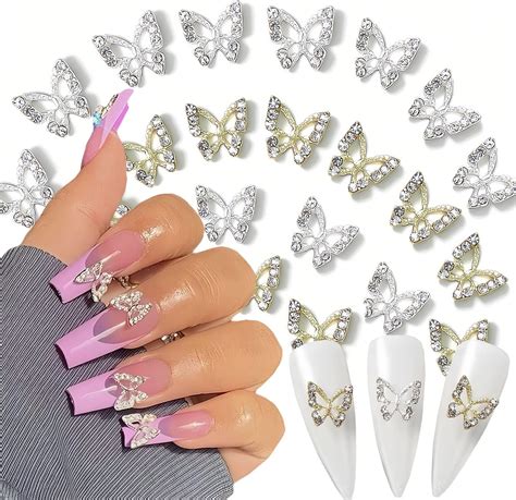 Amazon.com : 20Pcs Shiny Alloy Butterfly Nail Charms Crystal Butterfly ...