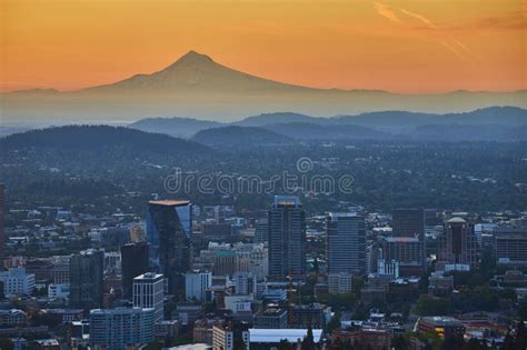 Portland Cityscape with Mount Hood at Sunrise Aerial View Stock Image ...