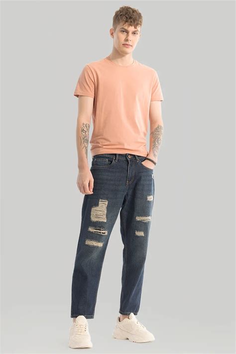 Buy Men's Dark Blue Distressed Baggy Fit Jeans Online | Snitch – SNITCH
