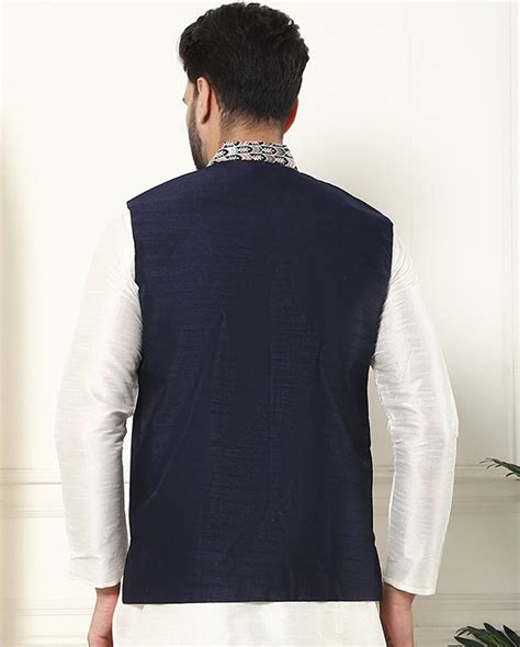 Men's Premium Silk Multi Colored Embroidered Navy Blue Nehru Jacket ...