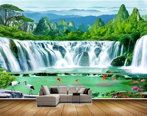 Avikalp MWZ2641 Waterfalls Mountains Trees Fishes Cranes Lotus Flowers ...